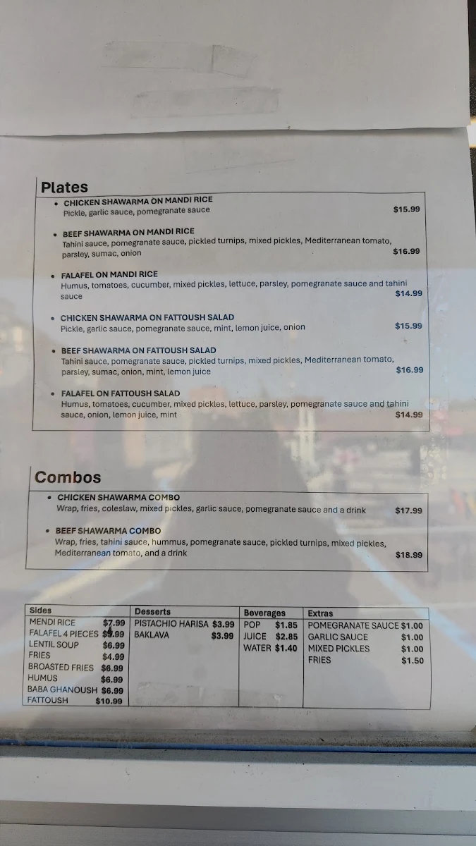 Menu, Syrian Table Shawarma and Falafel