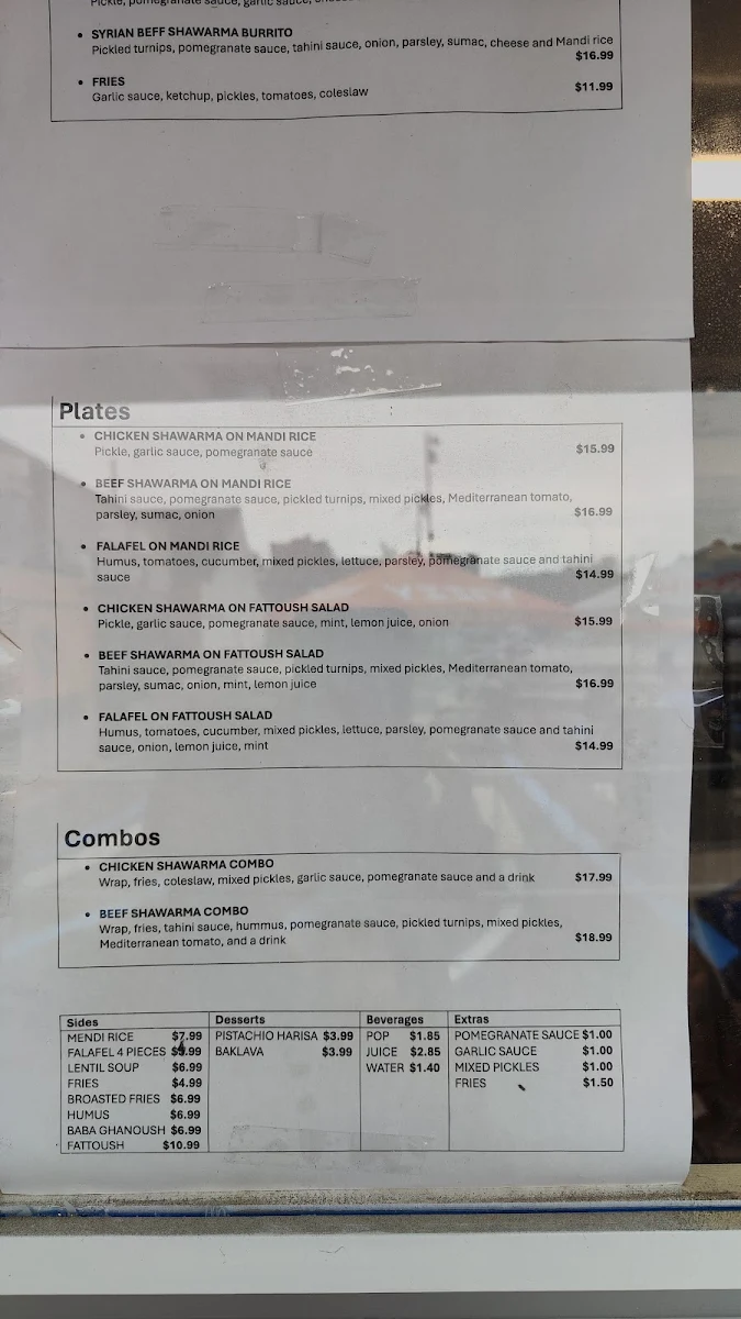 Menu, Syrian Table Shawarma and Falafel