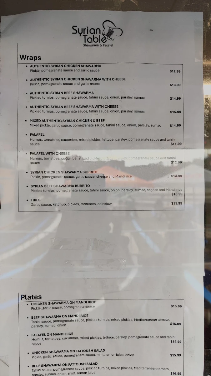 Menu, Syrian Table Shawarma and Falafel