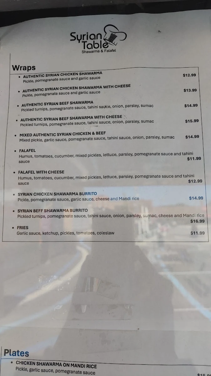 Menu, Syrian Table Shawarma and Falafel