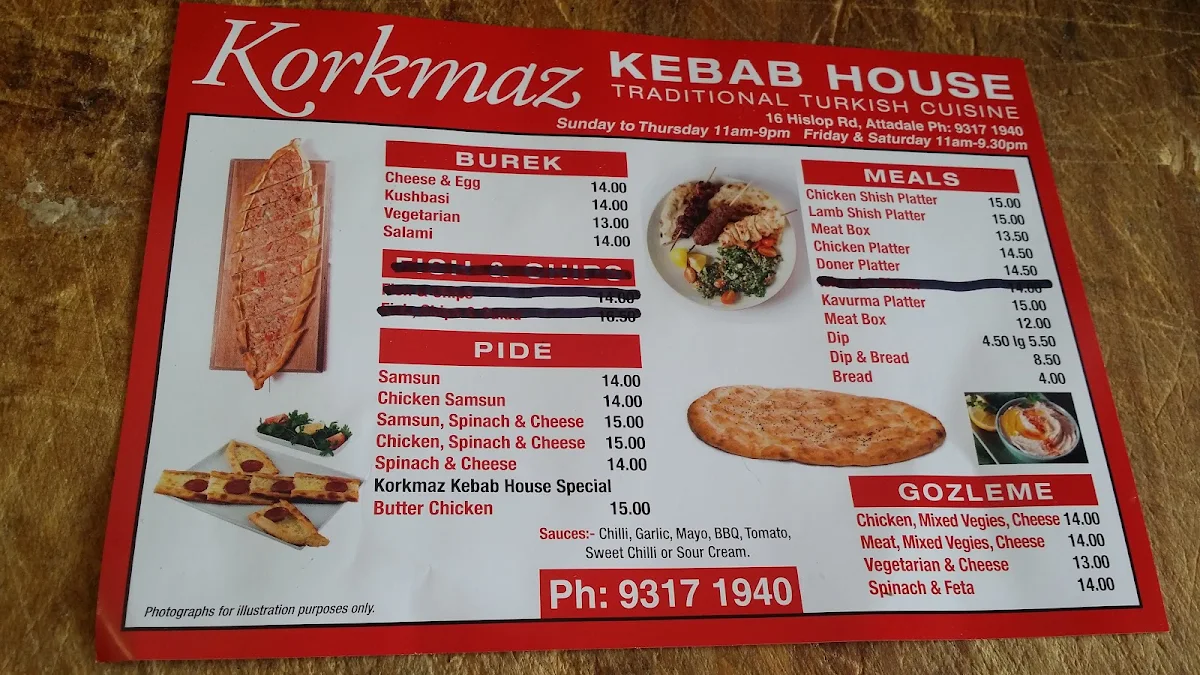 Menu, Korkmaz Kebab House