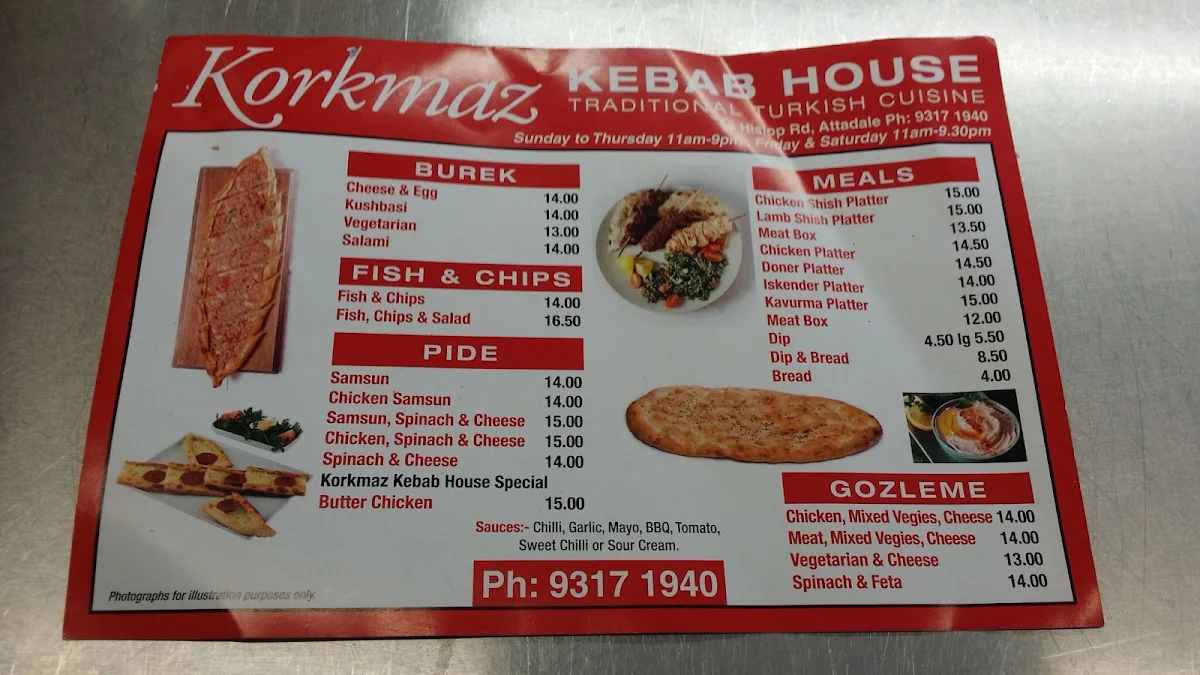 Menu, Korkmaz Kebab House