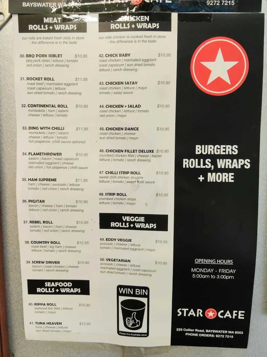 Menu, Star Cafe