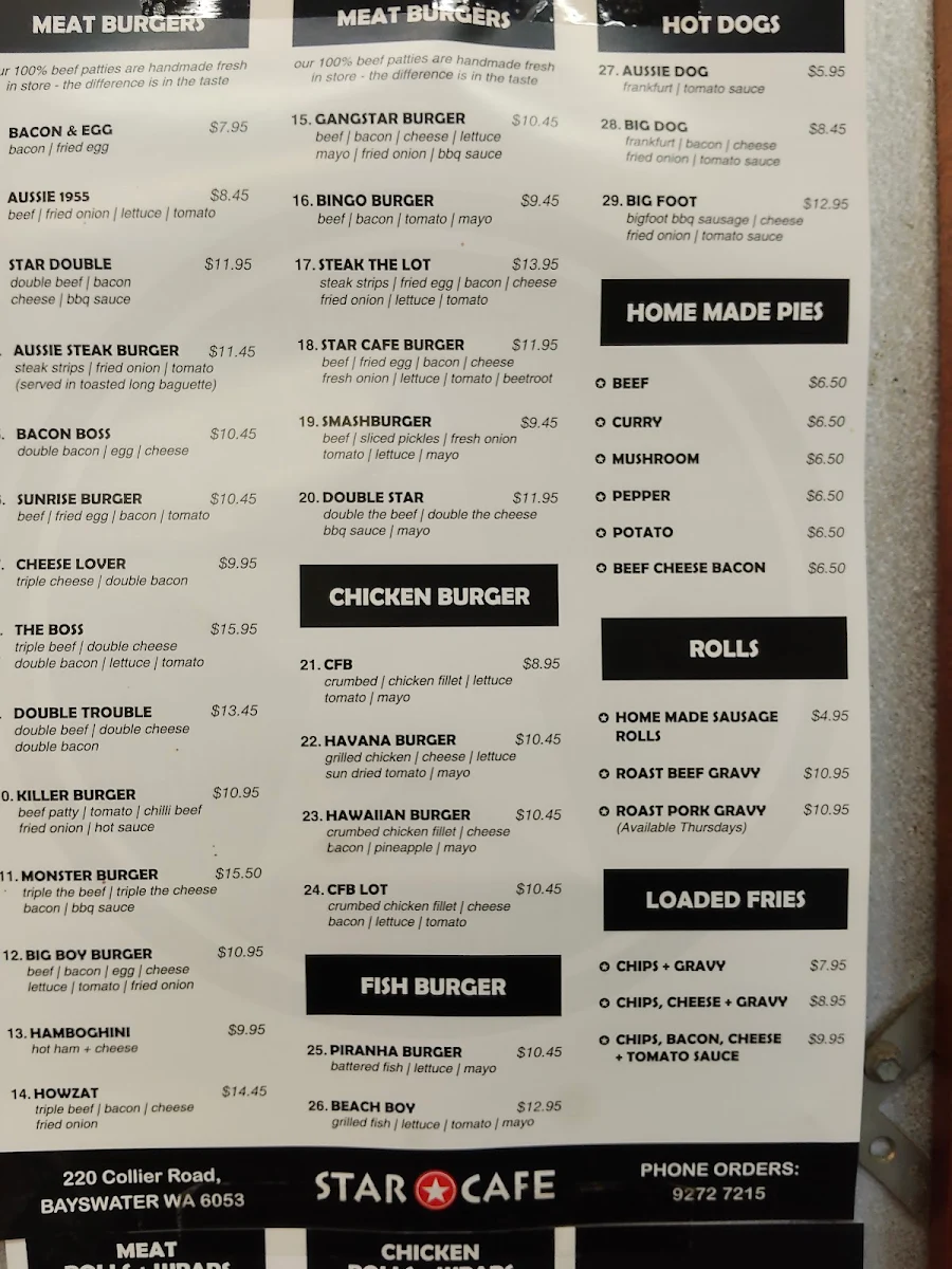 Menu, Star Cafe