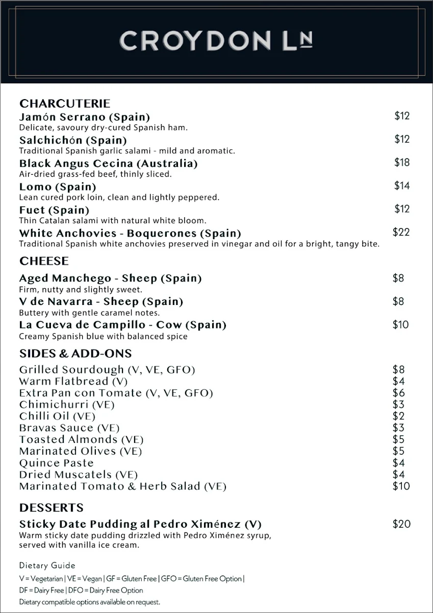 Menu, Croydon Lane Wine & Tapas Bar