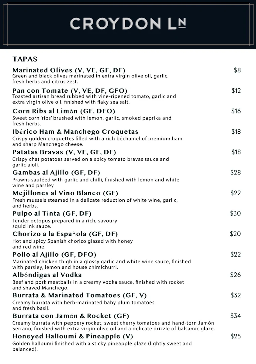 Menu, Croydon Lane Wine & Tapas Bar