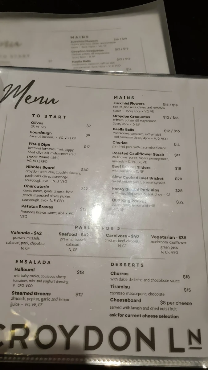 Menu, Croydon Lane Wine & Tapas Bar