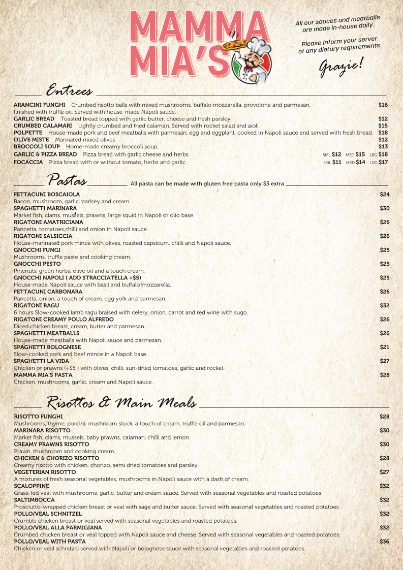 Menu, Mamma Mia's