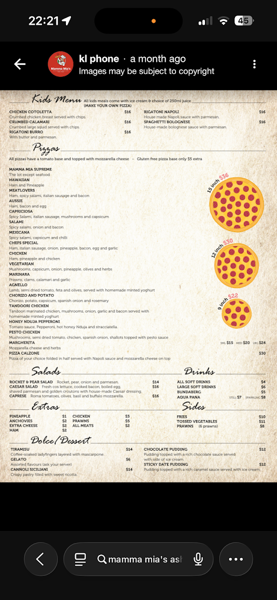 Menu, Mamma Mia's
