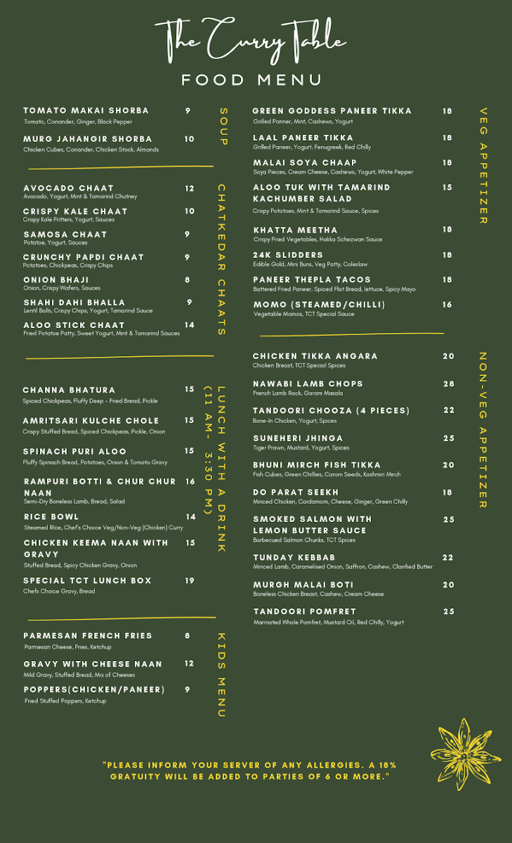 Menu, The Curry Table