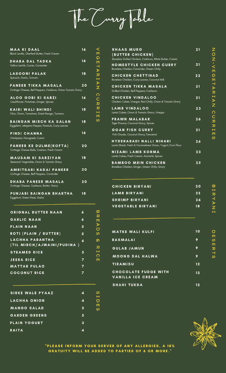 Menu, The Curry Table