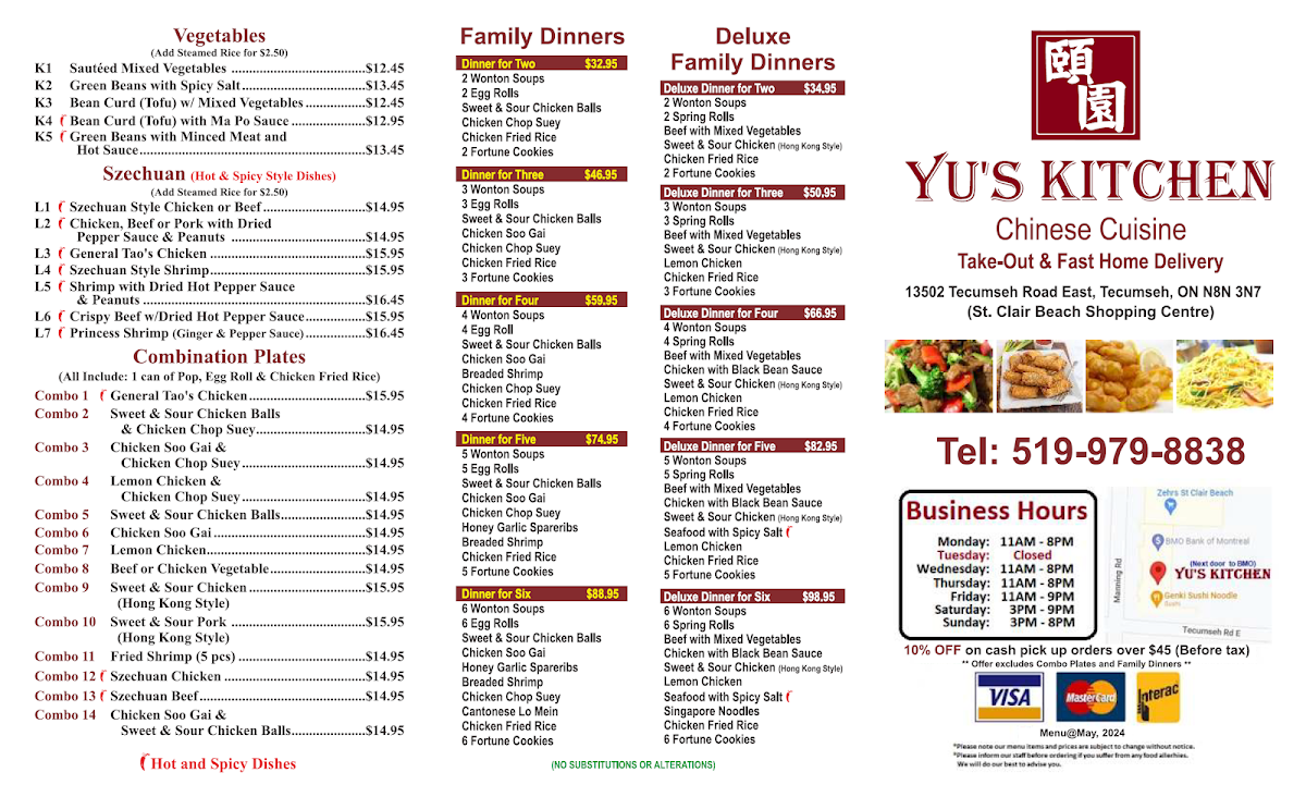 Menu, Yu's Kitchen