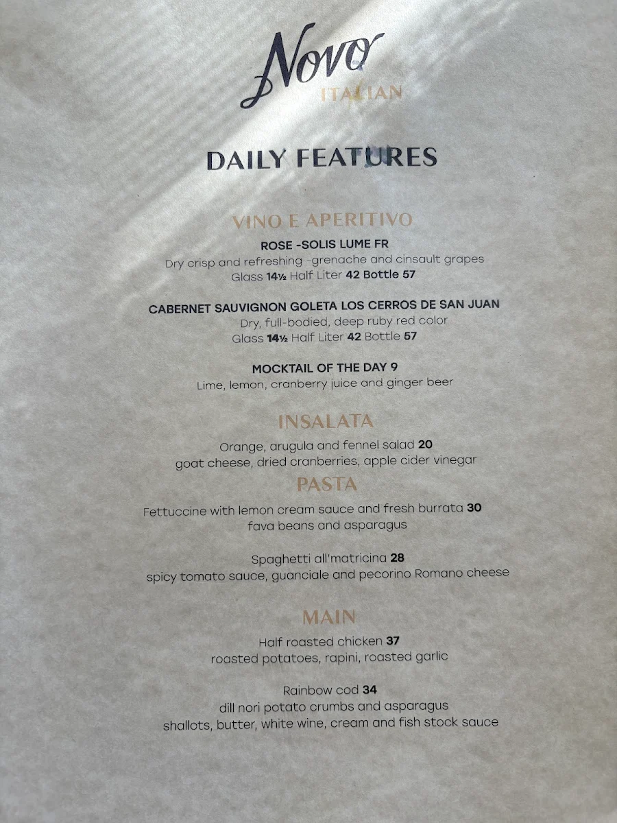 Menu, Novo Italian