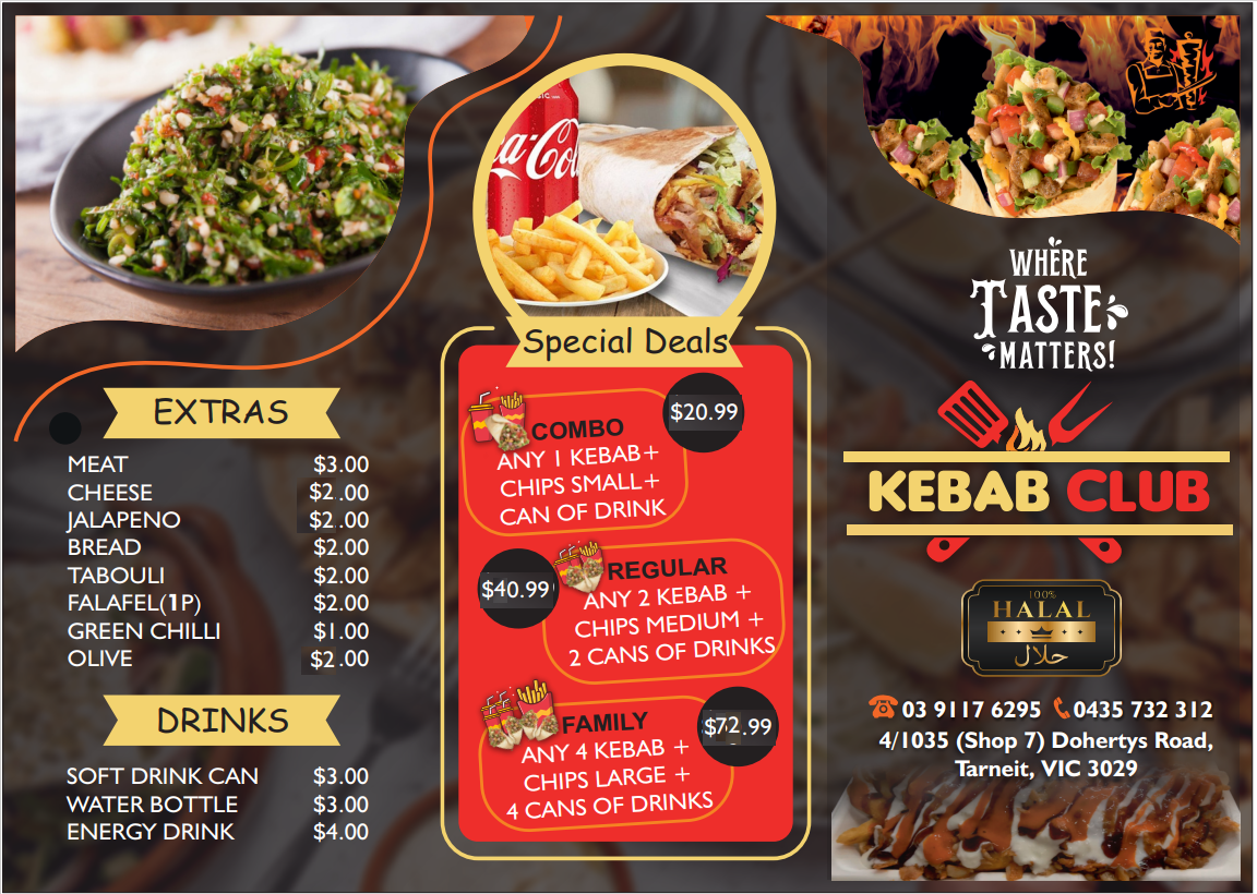 Menu, Kebab Club Tarneit
