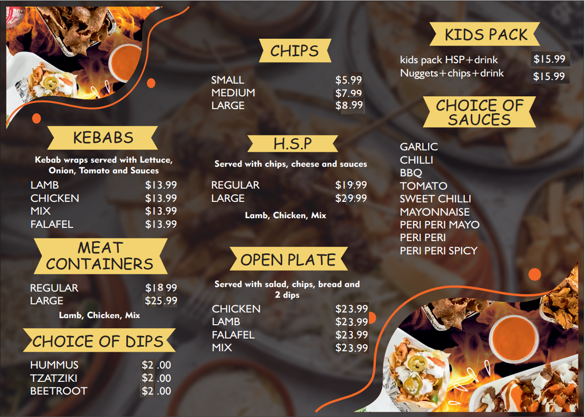 Menu, Kebab Club Tarneit