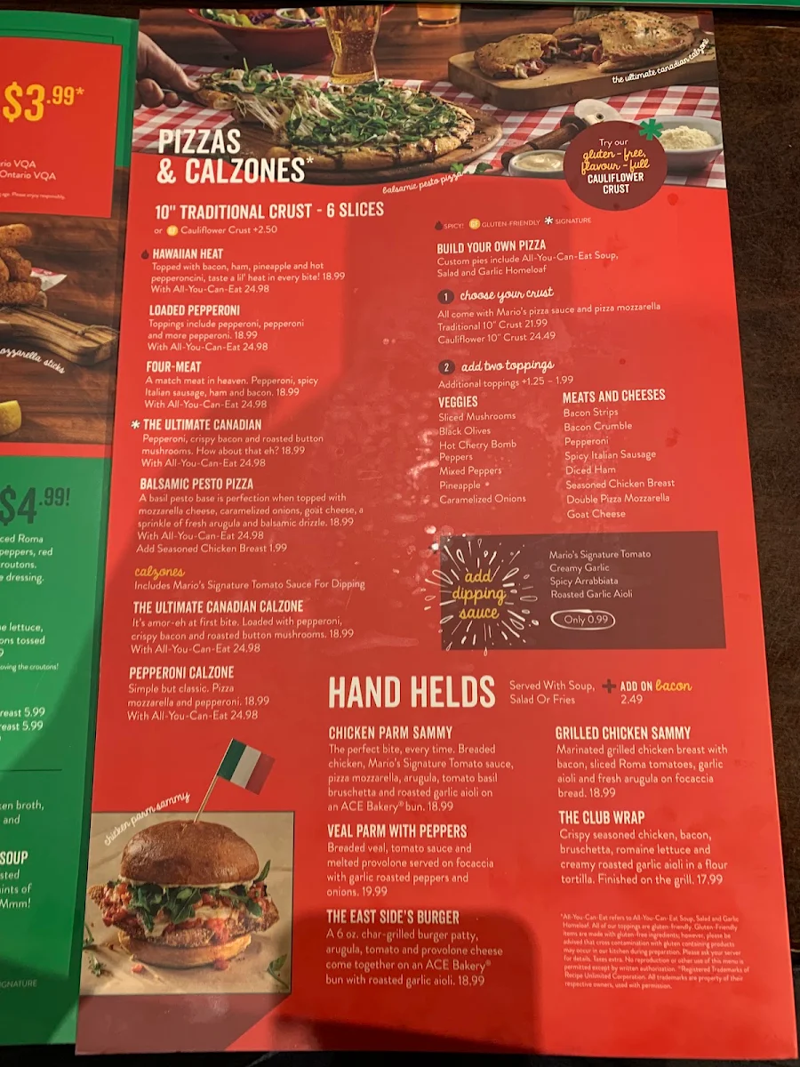 Menu, East Side Mario's