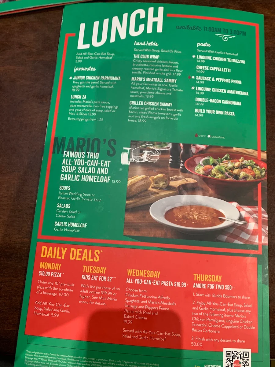 Menu, East Side Mario's