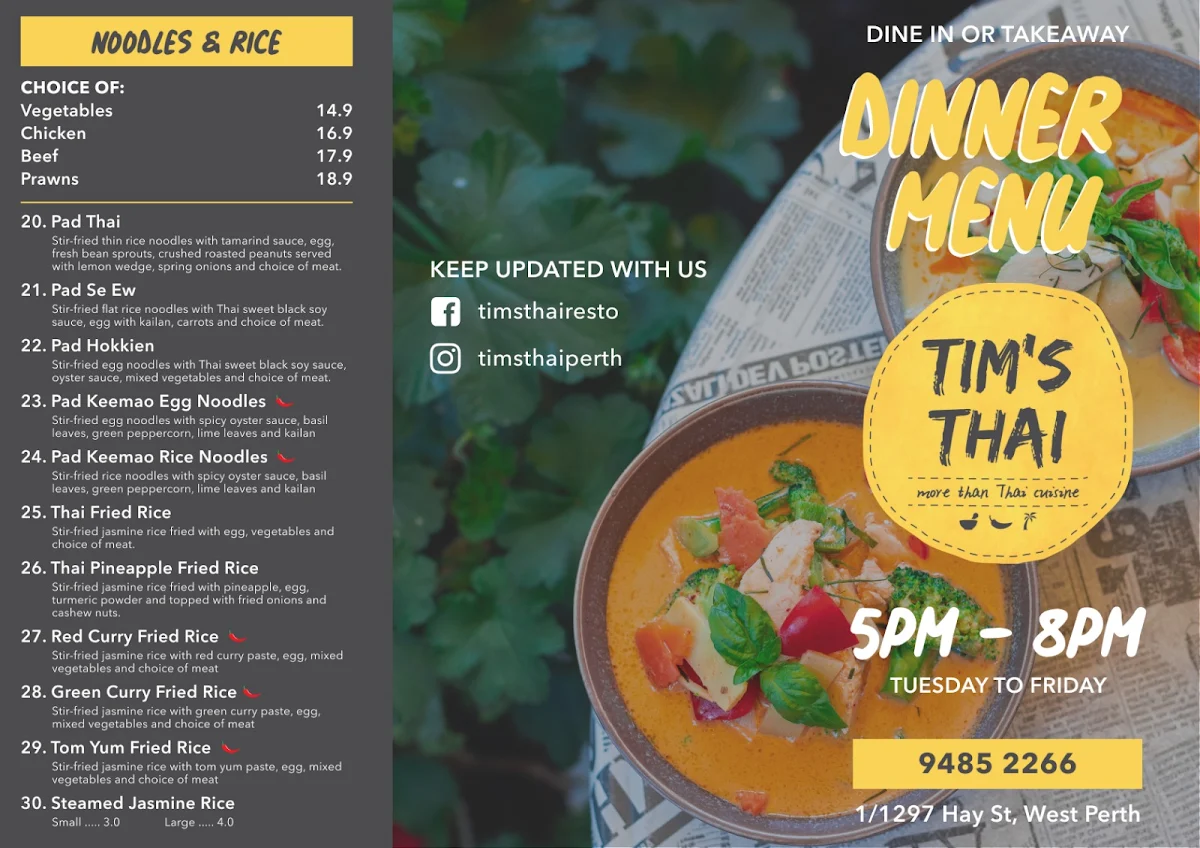 Menu, Tim's Thai