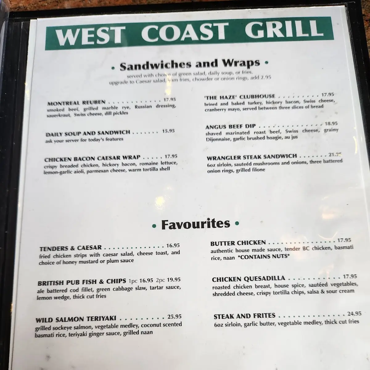 Menu, West Coast Bistro at Hazelmere