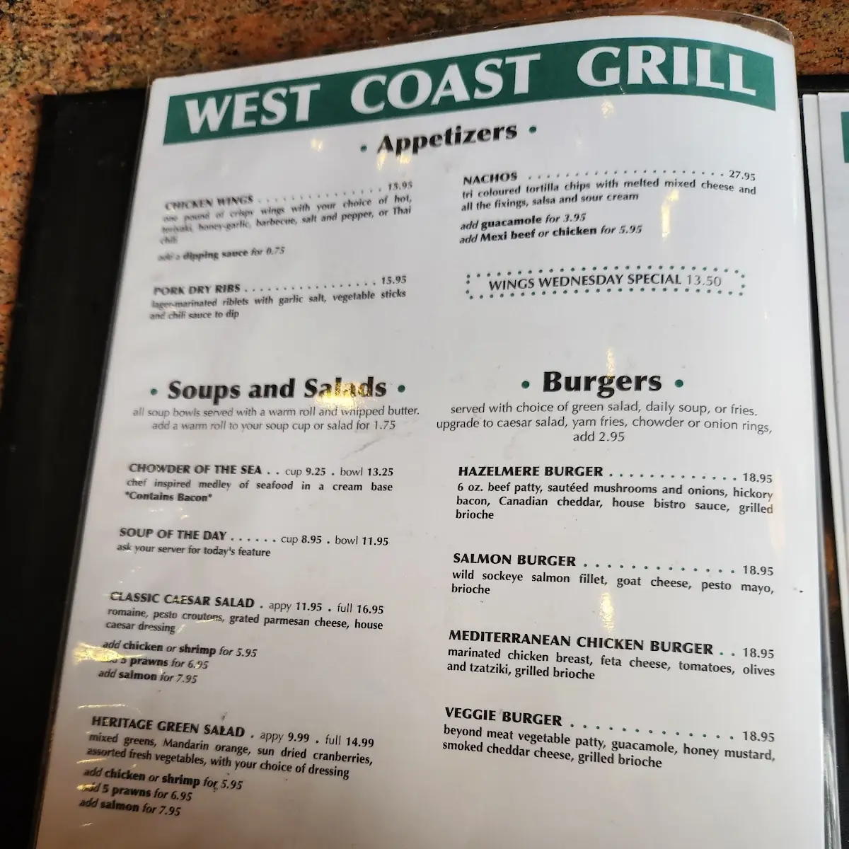 Menu, West Coast Bistro at Hazelmere