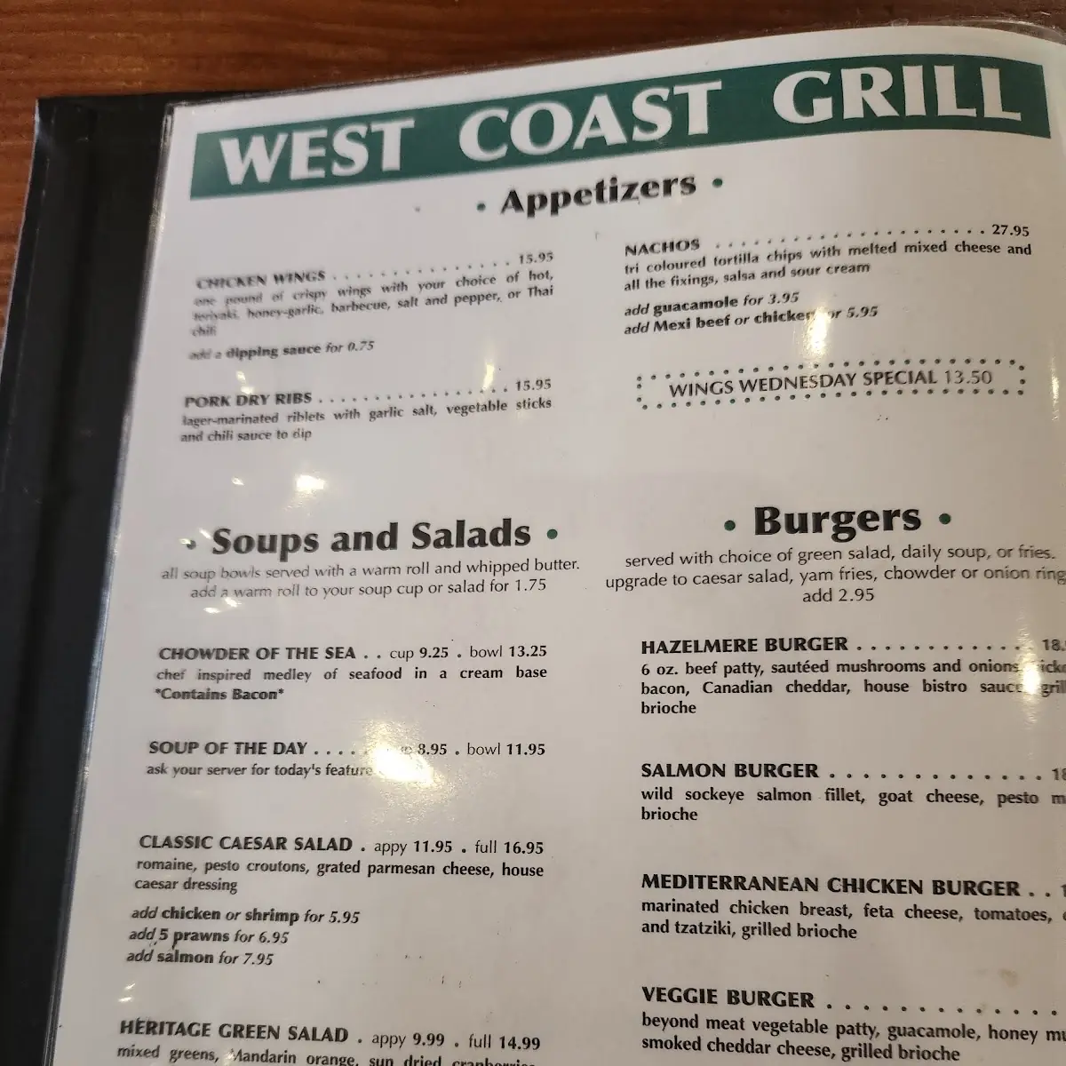 Menu, West Coast Bistro at Hazelmere