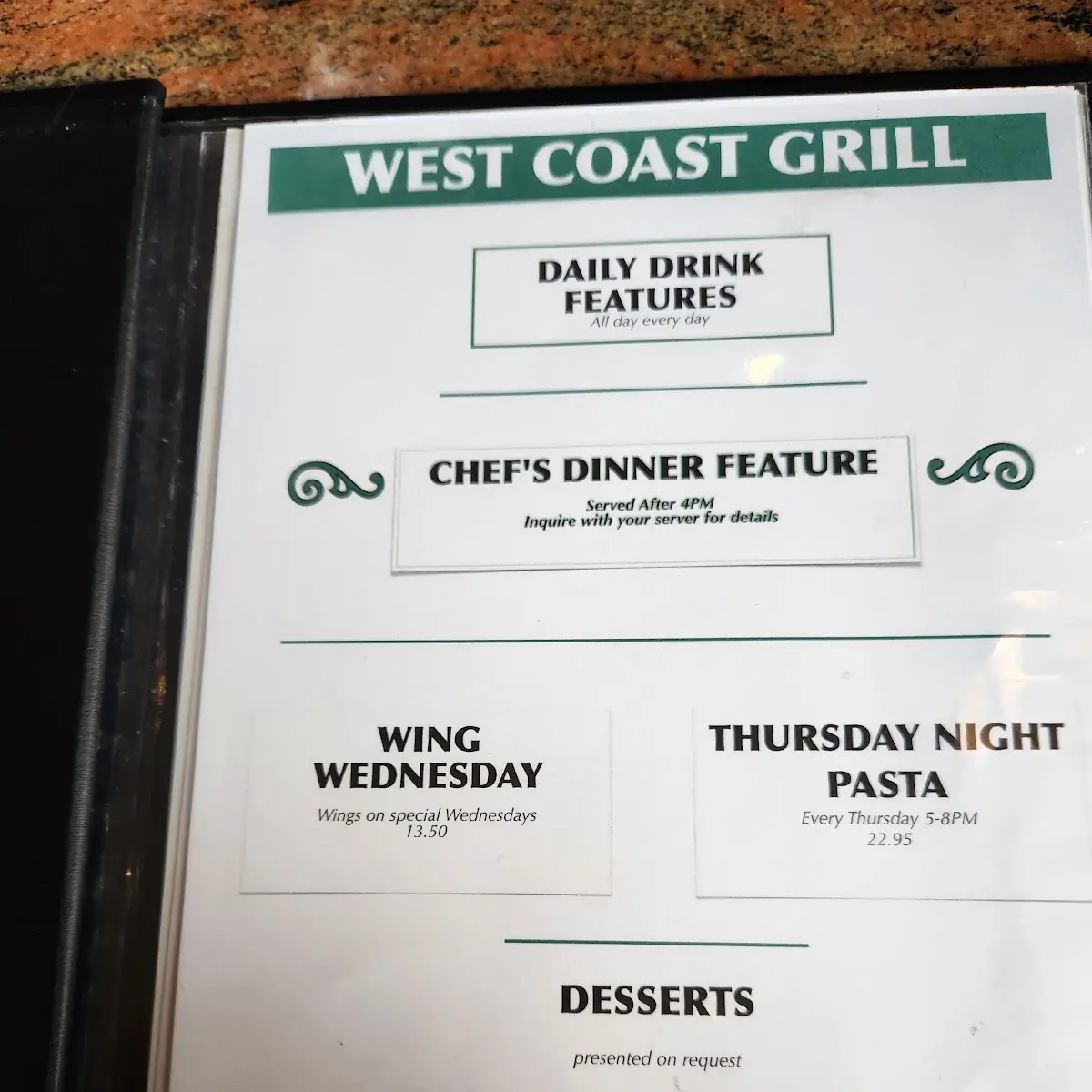 Menu, West Coast Bistro at Hazelmere