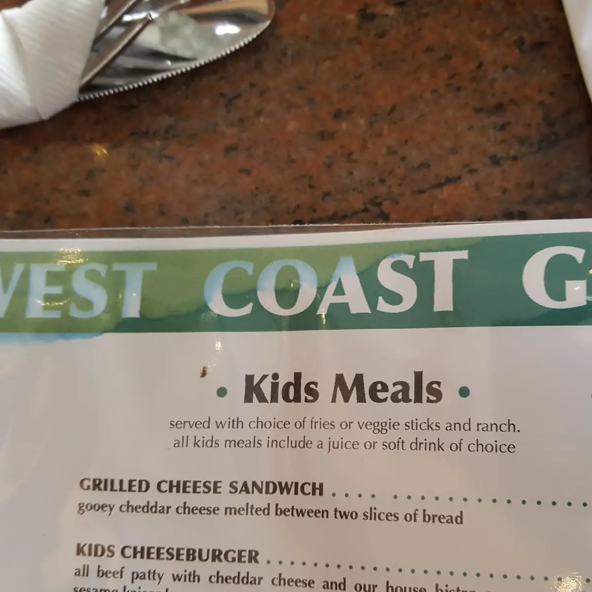 Menu, West Coast Bistro at Hazelmere