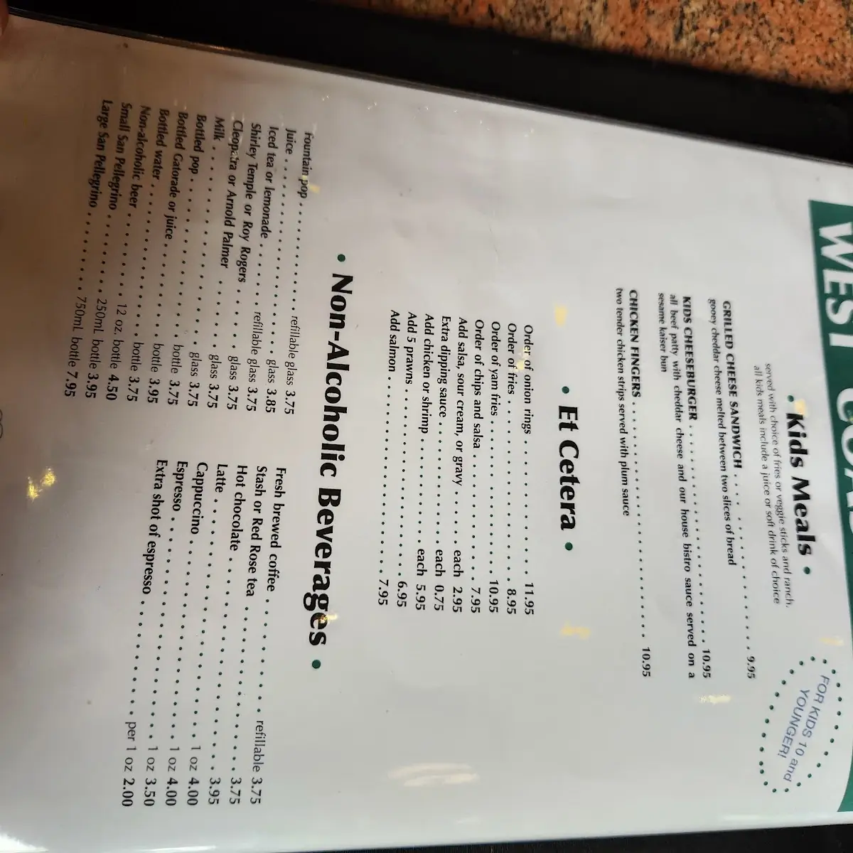 Menu, West Coast Bistro at Hazelmere