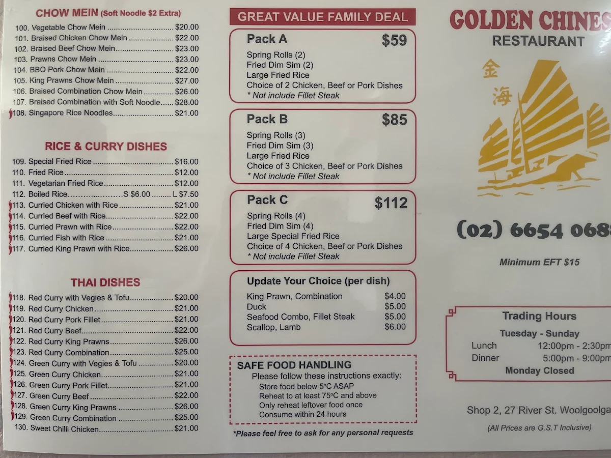 Menu, Golden Chinese Restaurant