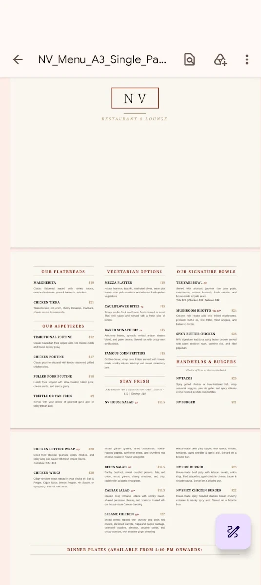 Menu, NV Restaurant & Bar - 199 Street