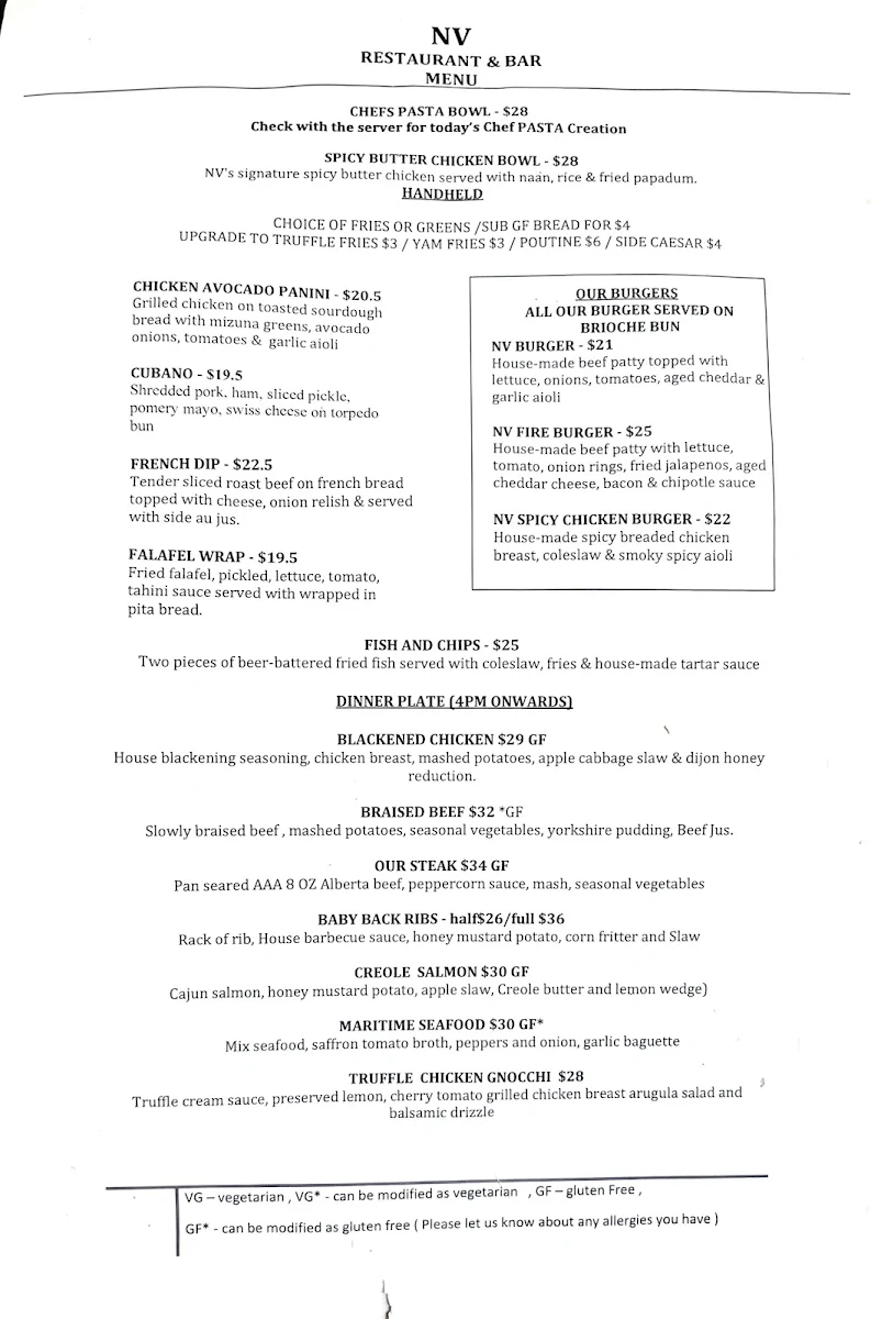Menu, NV Restaurant & Bar - 199 Street