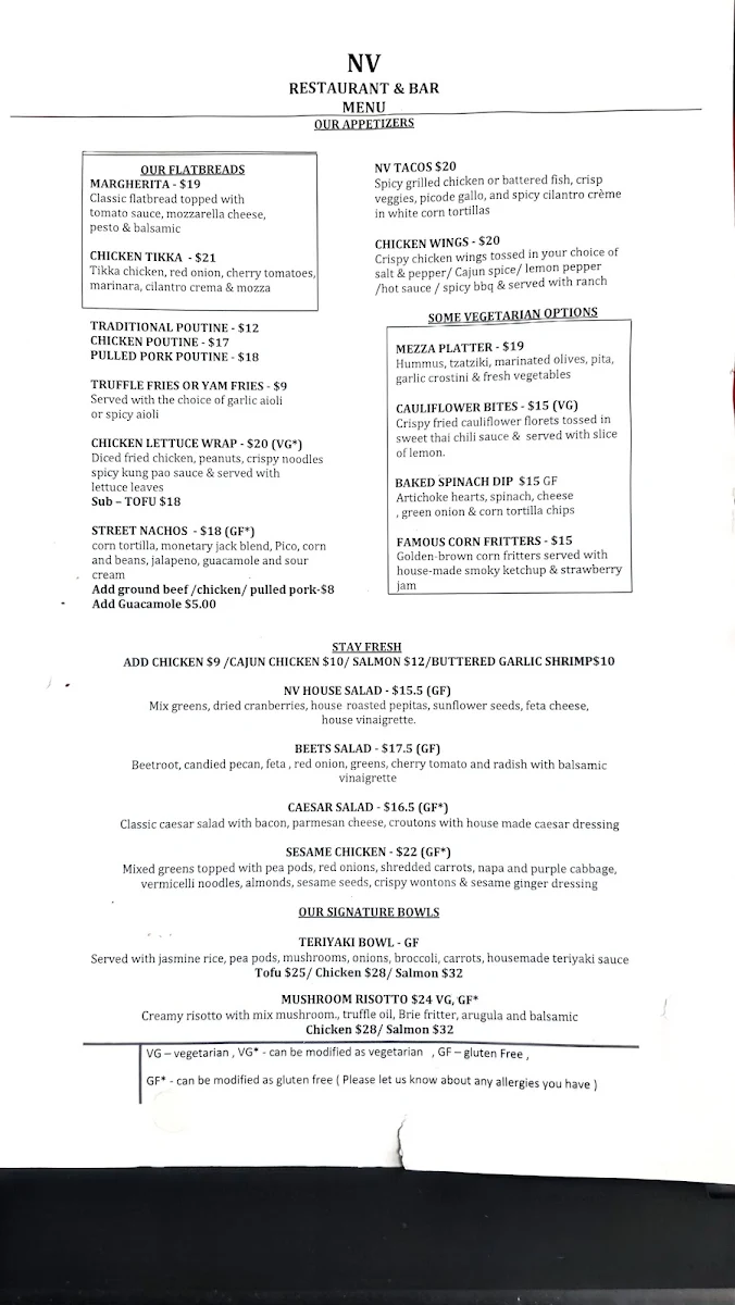 Menu, NV Restaurant & Bar - 199 Street