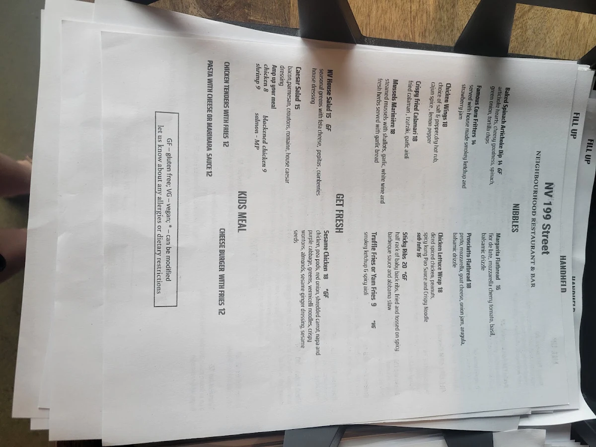 Menu, NV Restaurant & Bar - 199 Street