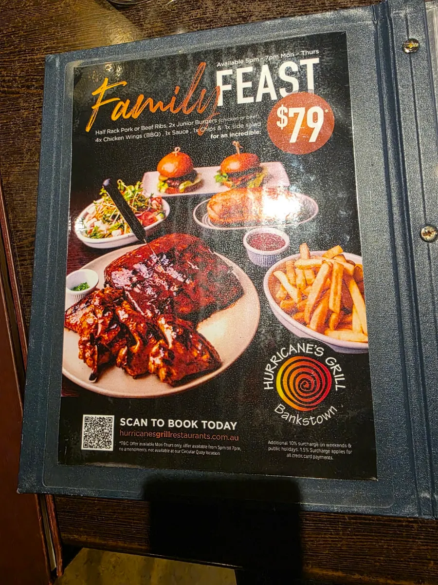 Menu, Hurricanes Grill Bankstown