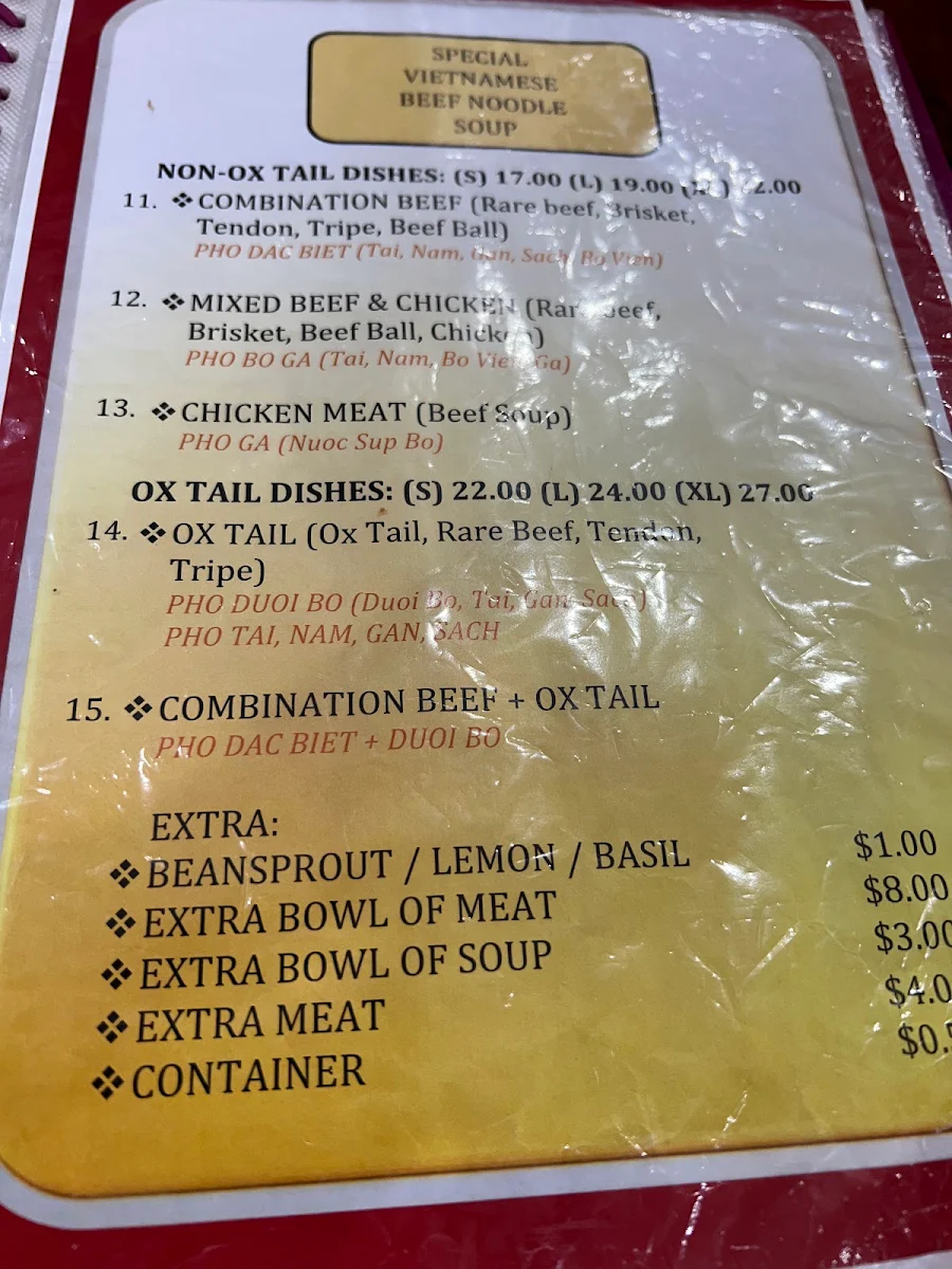 Menu, Pho Hong Tam
