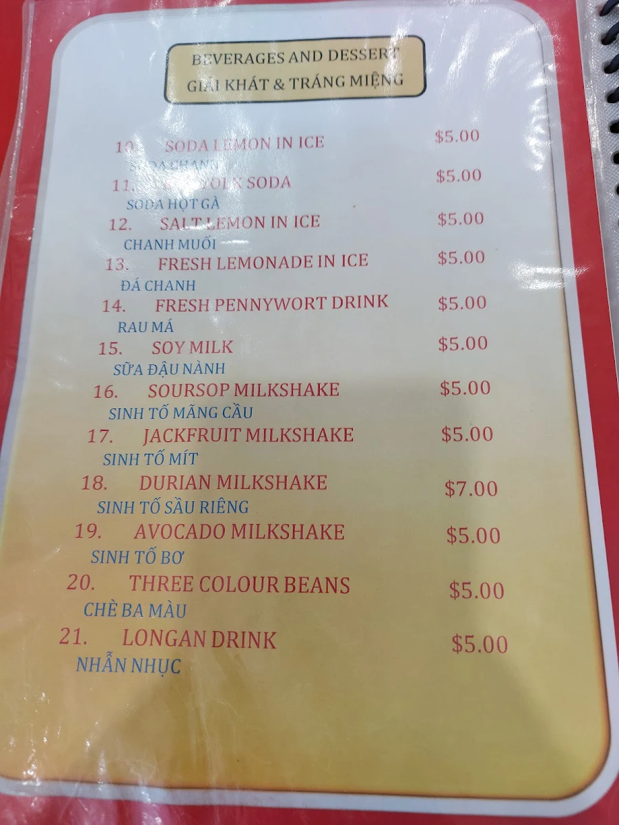 Menu, Pho Hong Tam