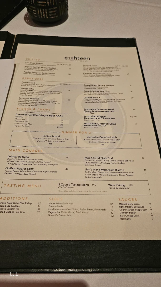 Menu, Restaurant e18hteen
