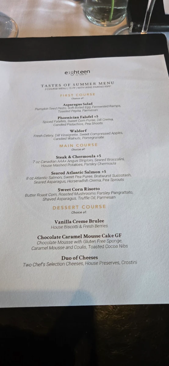 Menu, Restaurant e18hteen