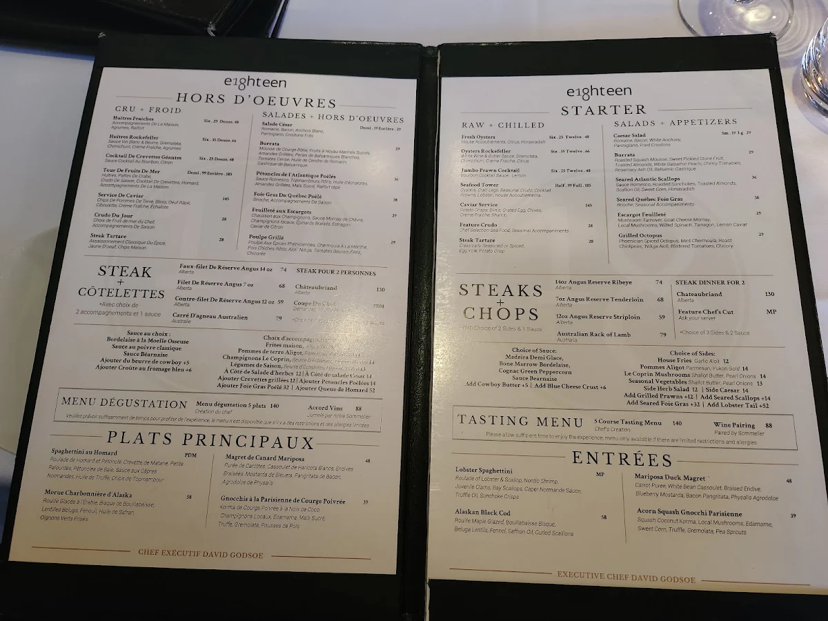 Menu, Restaurant e18hteen
