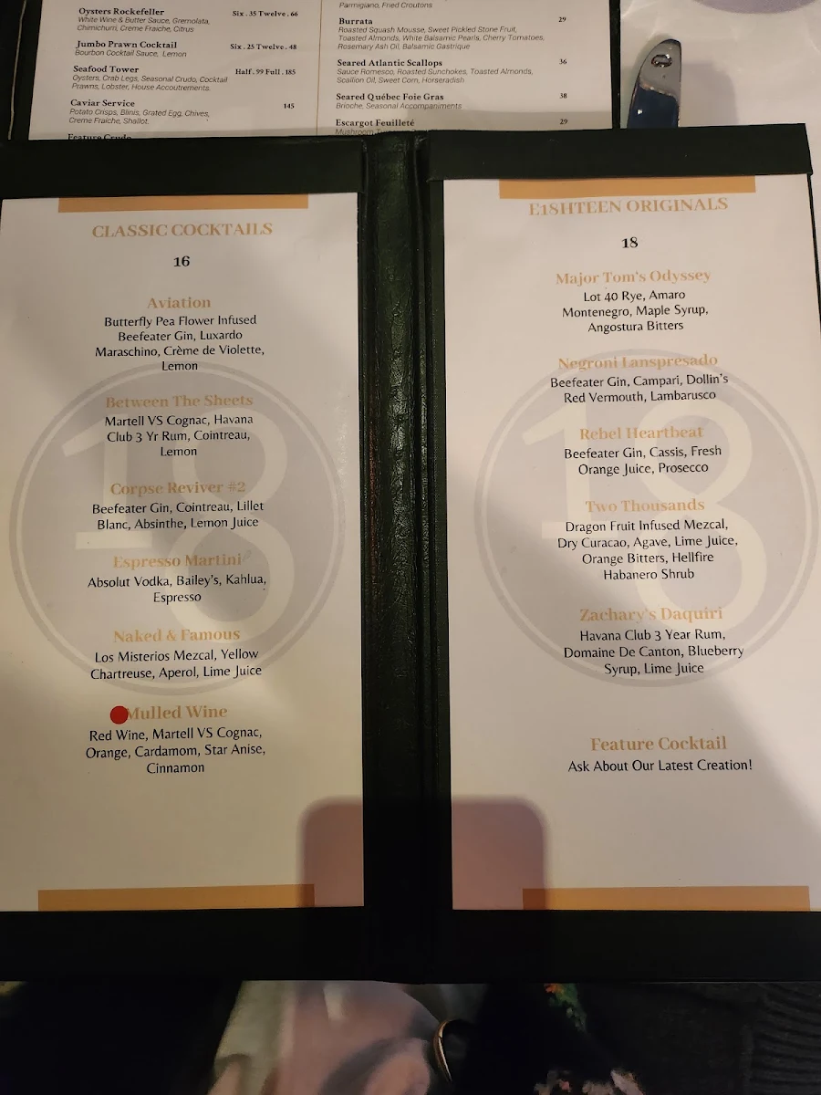 Menu, Restaurant e18hteen