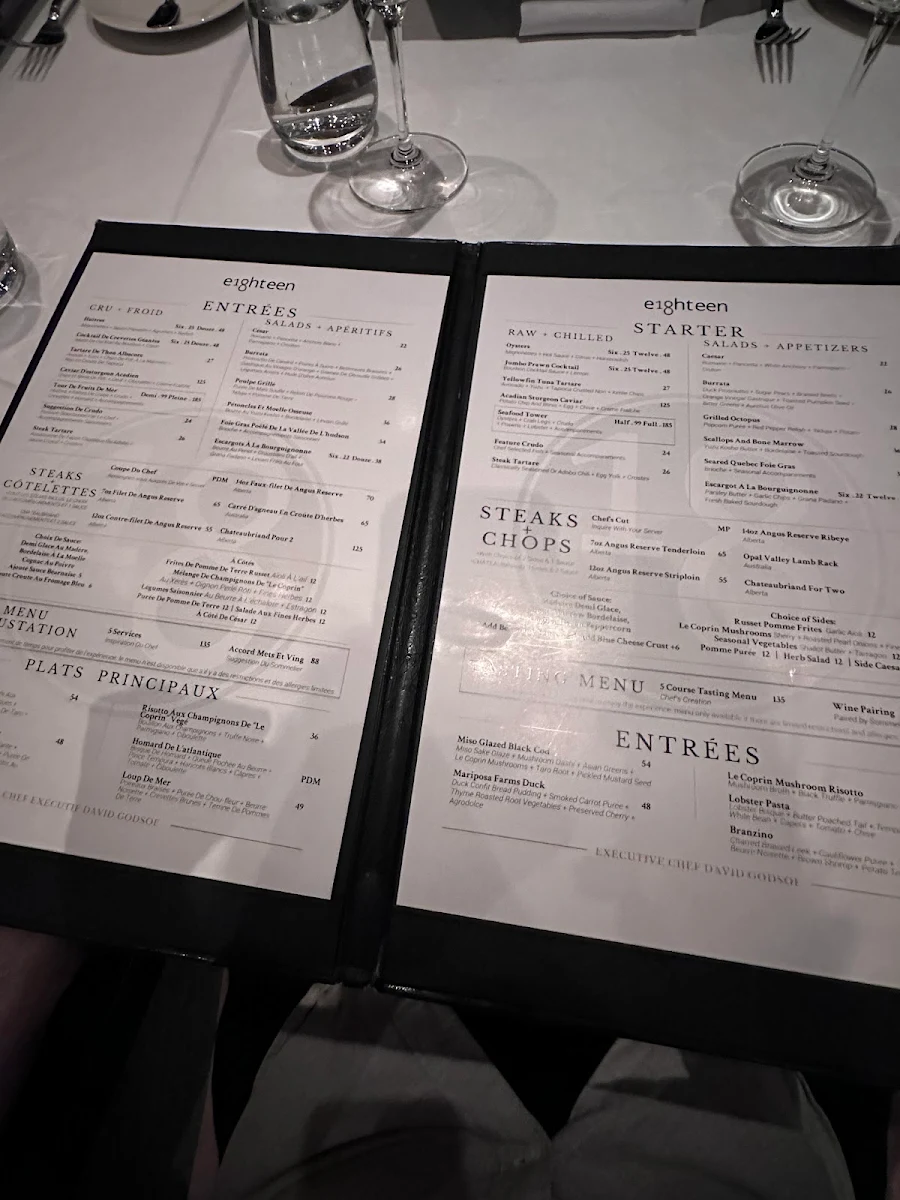 Menu, Restaurant e18hteen