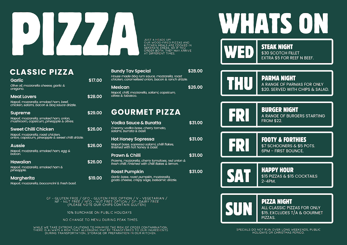 Menu, Bundalong Tavern