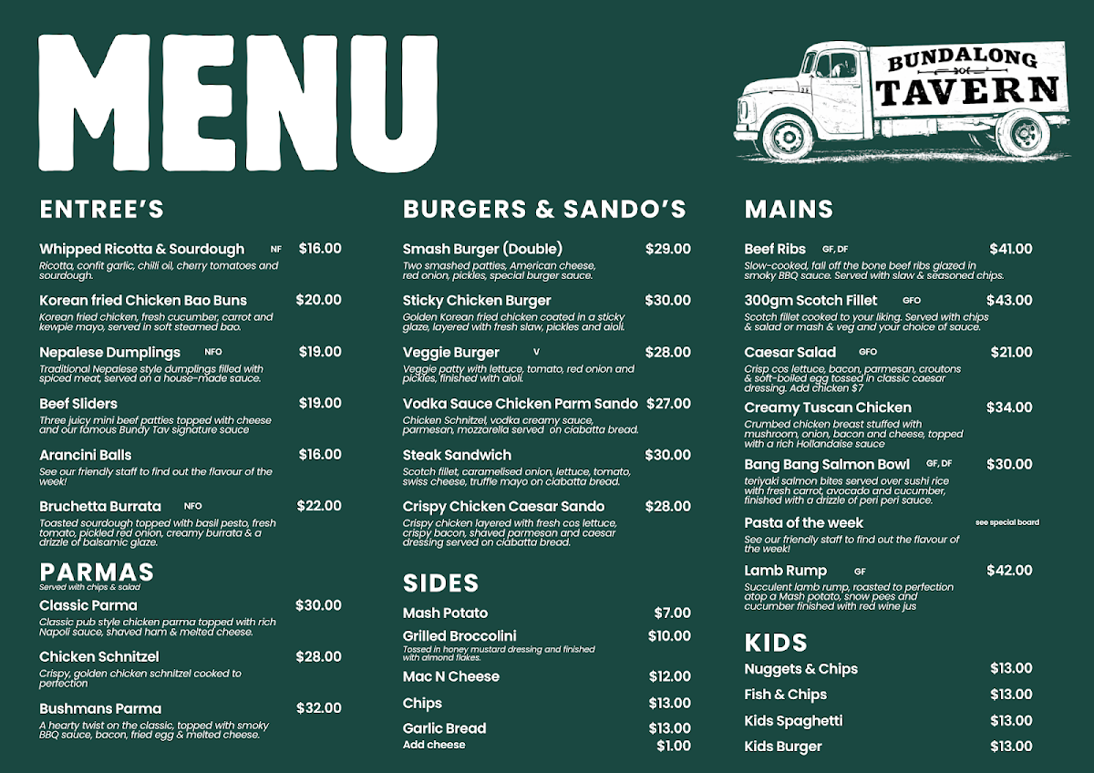 Menu, Bundalong Tavern