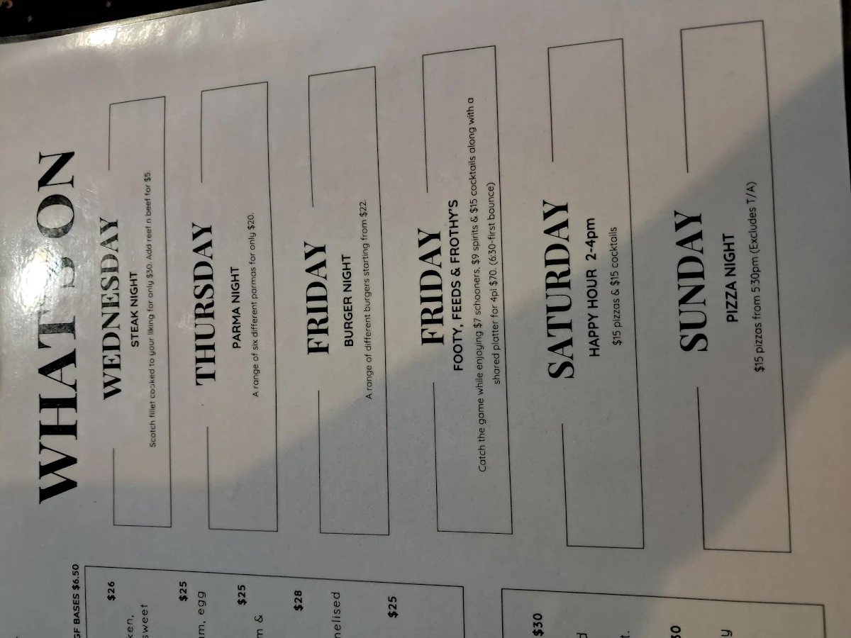 Menu, Bundalong Tavern