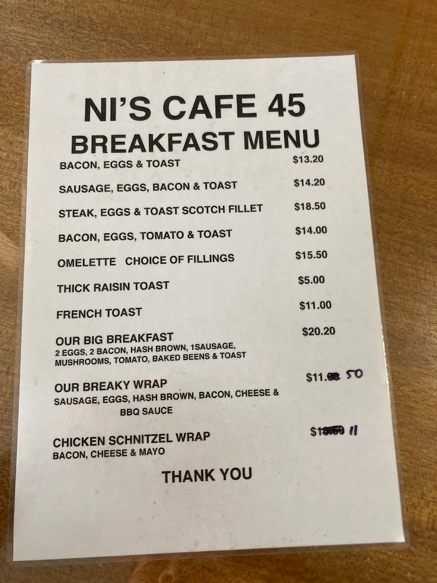 Menu, Cafe 45