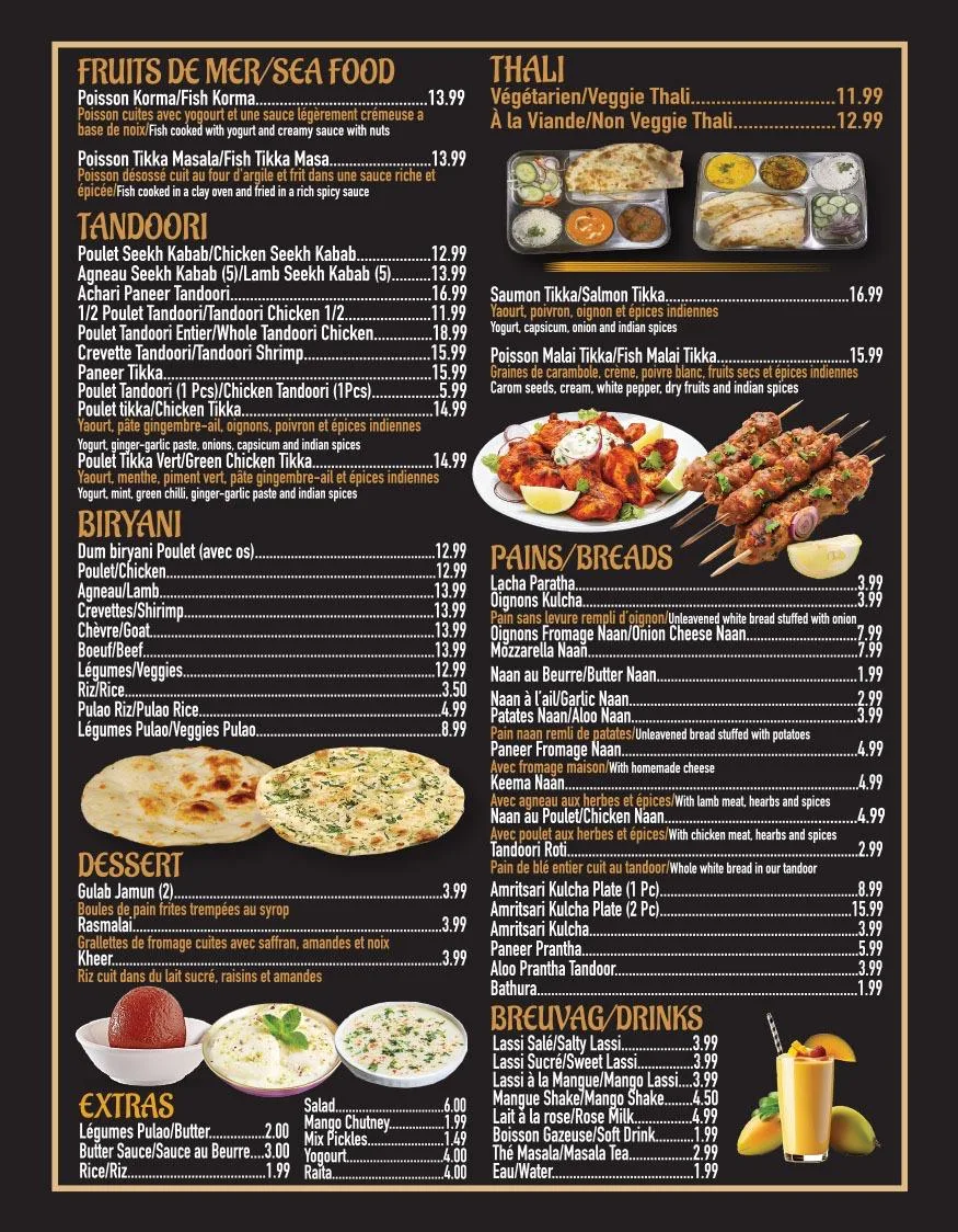 Menu, Thind villa restaurant