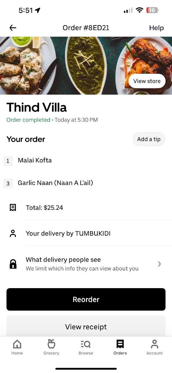 Menu, Thind villa restaurant