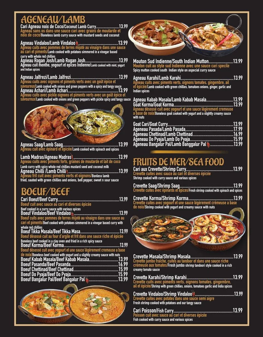 Menu, Thind villa restaurant