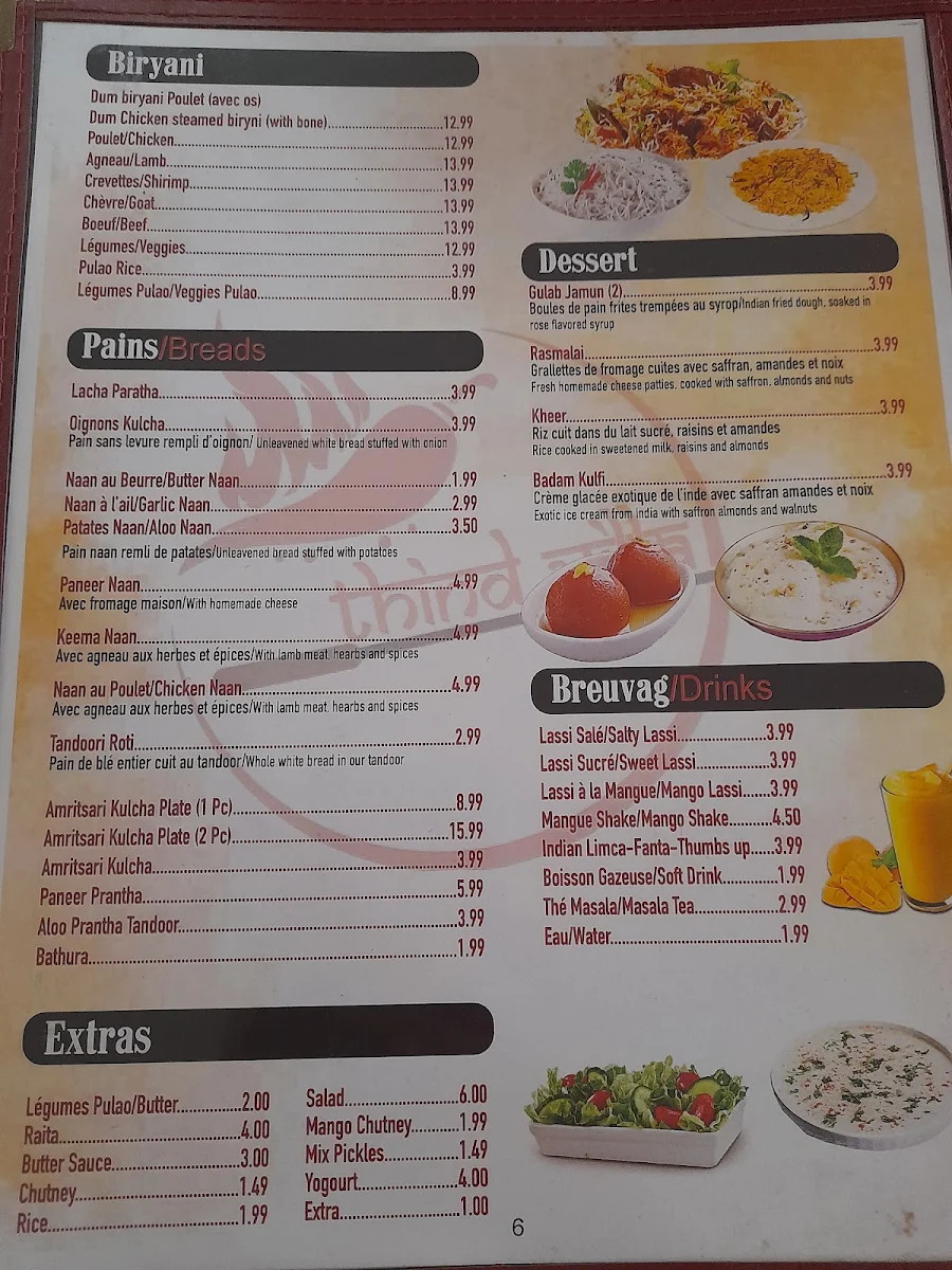 Menu, Thind villa restaurant