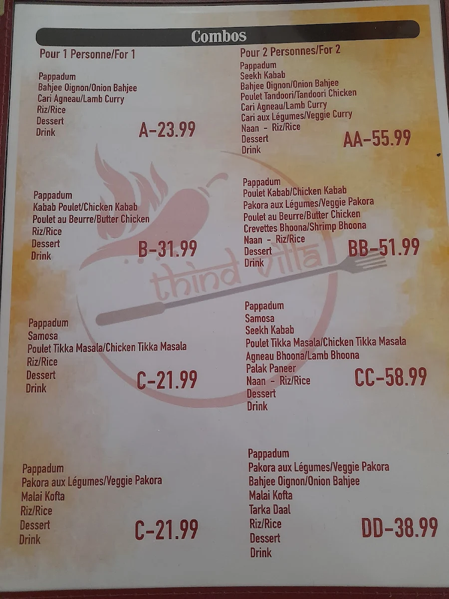 Menu, Thind villa restaurant
